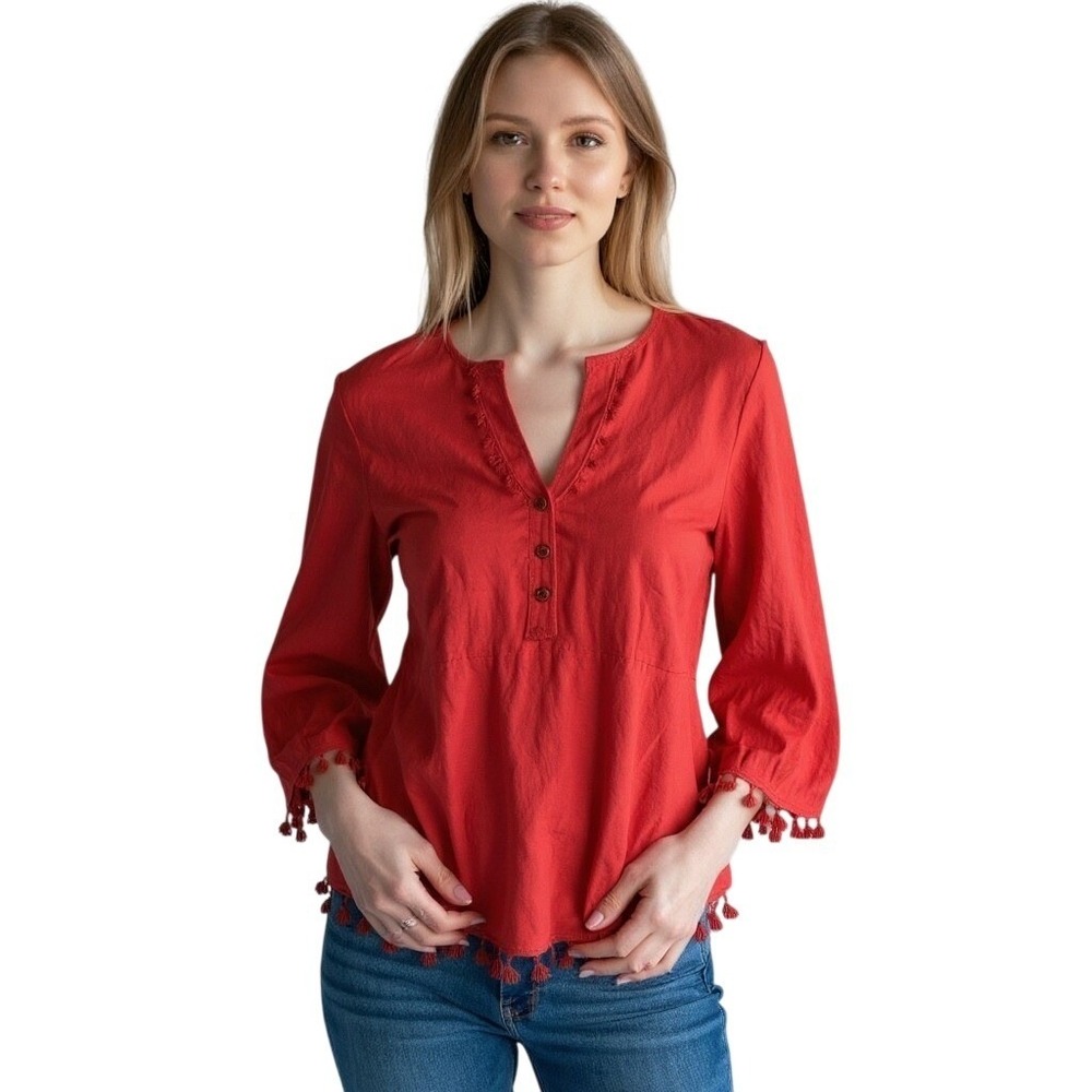 Embellish Women Red Cotton Tassel Trim Henley‎ Blouse Size Large Boho Tunic